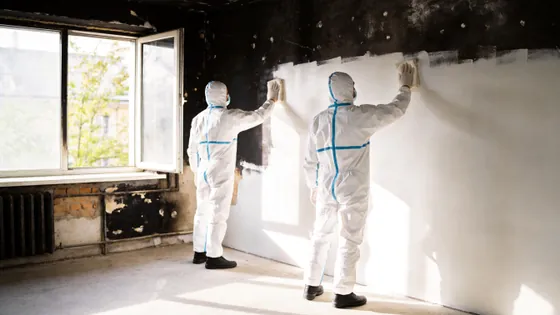 Technicians cleaning a job site after fire damage