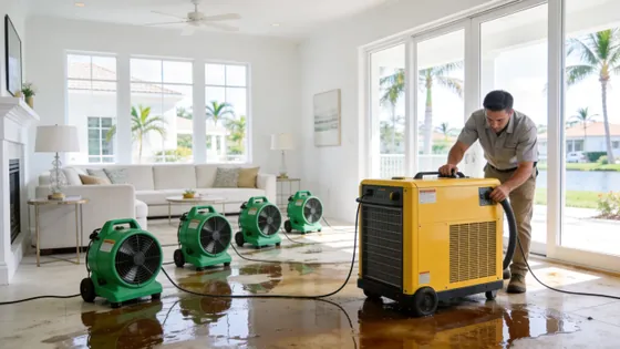 Air movers and dehumidifiers set up on a water damage restoration job