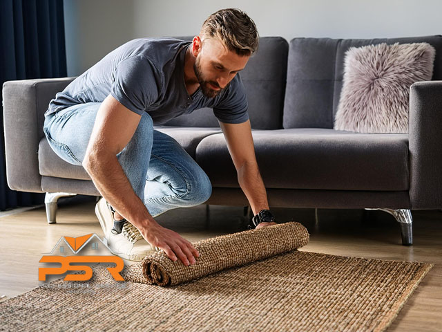 man rearranging maintaining carpet rug and furniture