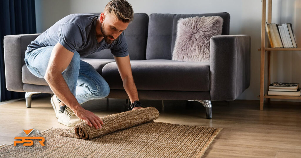 man rearranging maintaining carpet rug and furniture