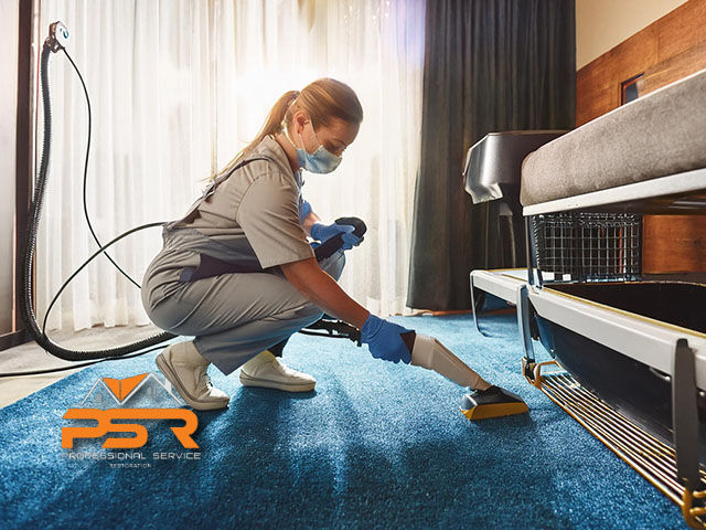 technician working deep carpet sanitation with cleaning machine