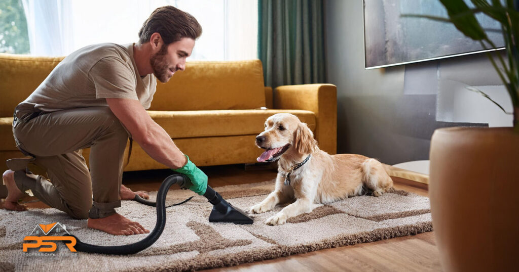 male performing carpet maintenance and freshening in living room with sweet cute dog next to him