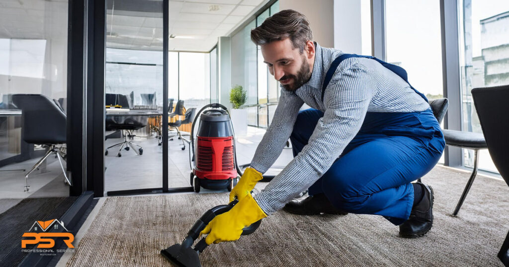 male technician professional performing carpet cleaning in business office setting