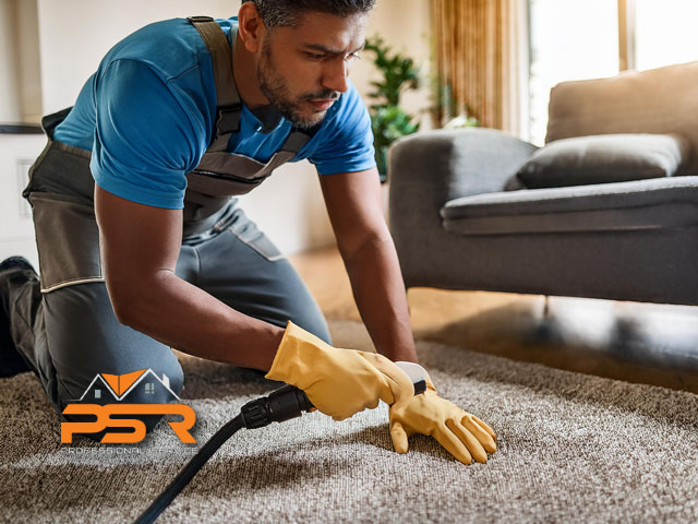 male professional technician working expert carpet cleaning in residential home removing tough stains eco friendly solutions